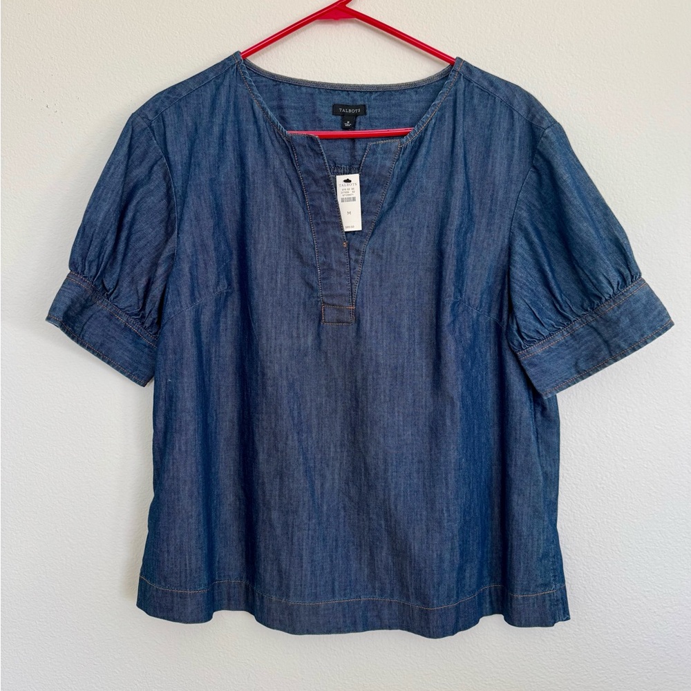 NWT Talbots Denim Short Sleeve Peasant Top in Dark Blue Size M - Picture 1 of 11